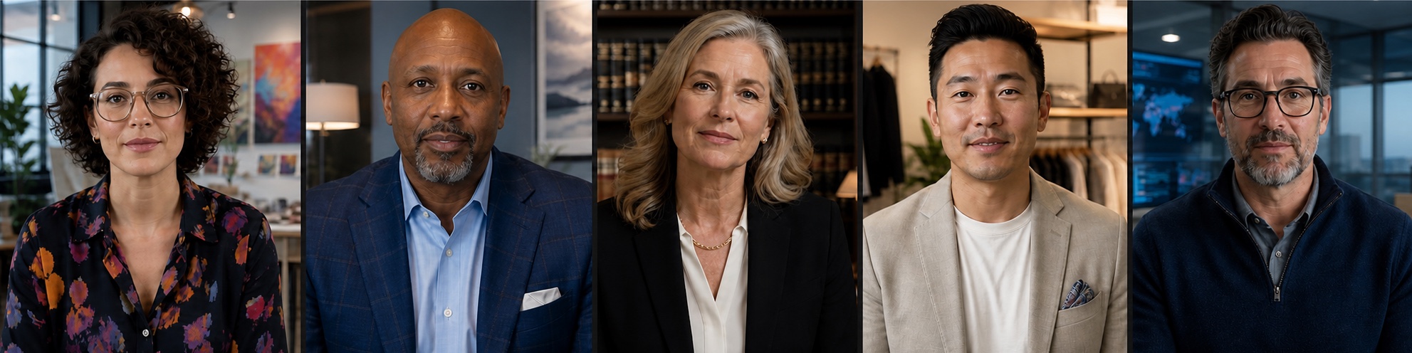 Five featured business speakers listening from distinct professional settings